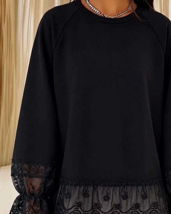Bluse Patchwork Lang Ærme Rundhalset