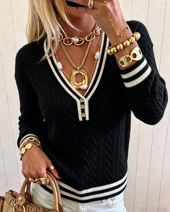Pullover Kontrastkant V-Hals Sweater