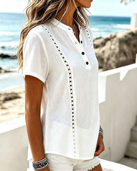 Bluse V-Hals Hollow Out Ensfarvet