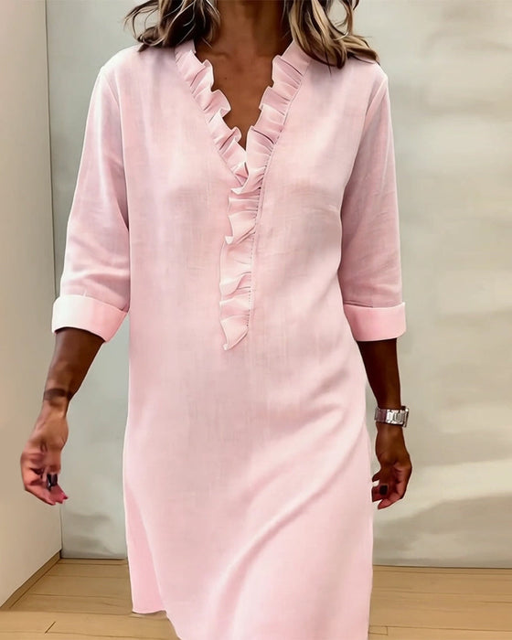 Kjole Rynket V-Hals Ensfarvet