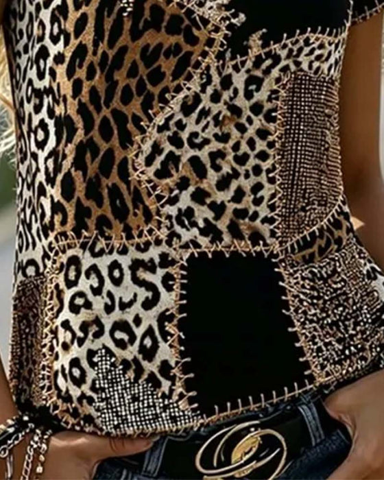 Bluse Rund Hals Leopard Tryk Kontrast Kort Ærme