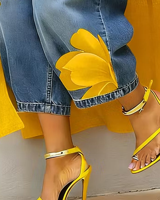 Blomstertrykte Jeans Kortskåret Bredbenet