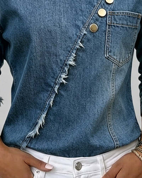 Bluse Jeans Skrå Krave Langærmet