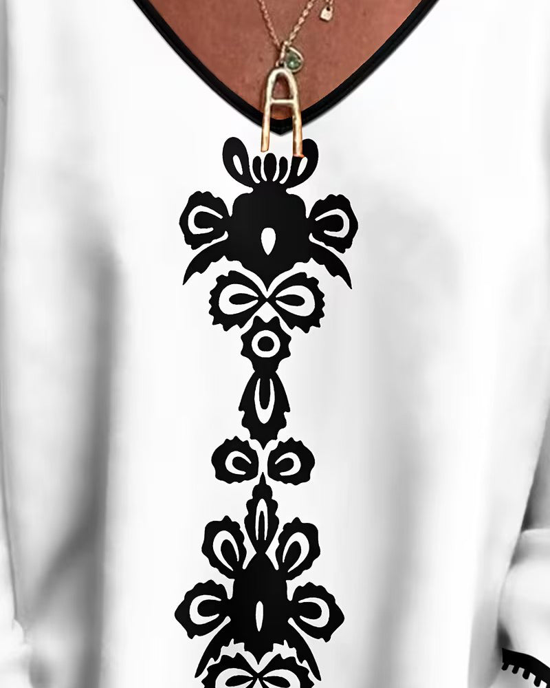 Farveblokeret V-hals Mønstret Langærmet Top