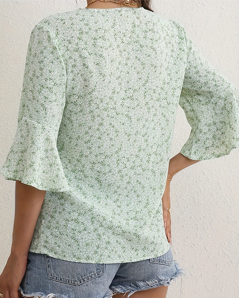 Bluse V-Hals Floral Sommerfugl Ærme