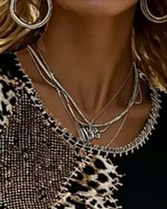 Bluse Rund Hals Leopard Tryk Kontrast Kort Ærme