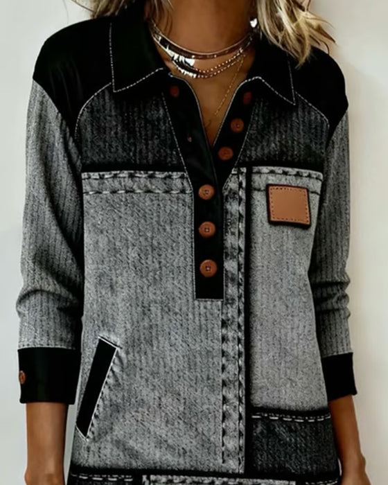 Kjole Knap Flip V-hals Farveblok Moderne