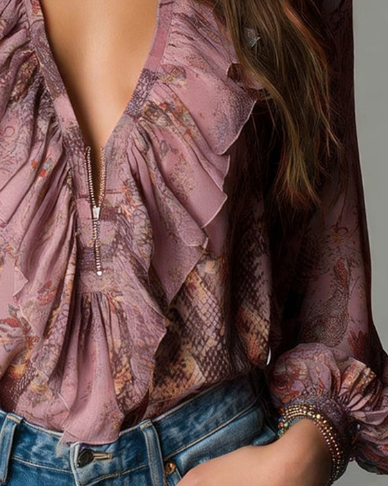 Bluse Dyb V Rynke Tryk Elegant