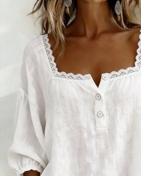 Bluse Med Firkantet Hals Blonder Puffærmer