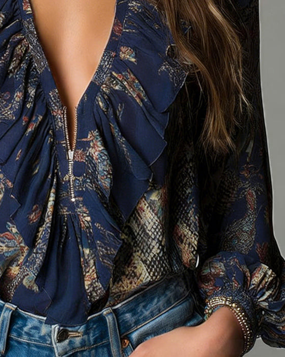 Bluse Dyb V Rynke Tryk Elegant