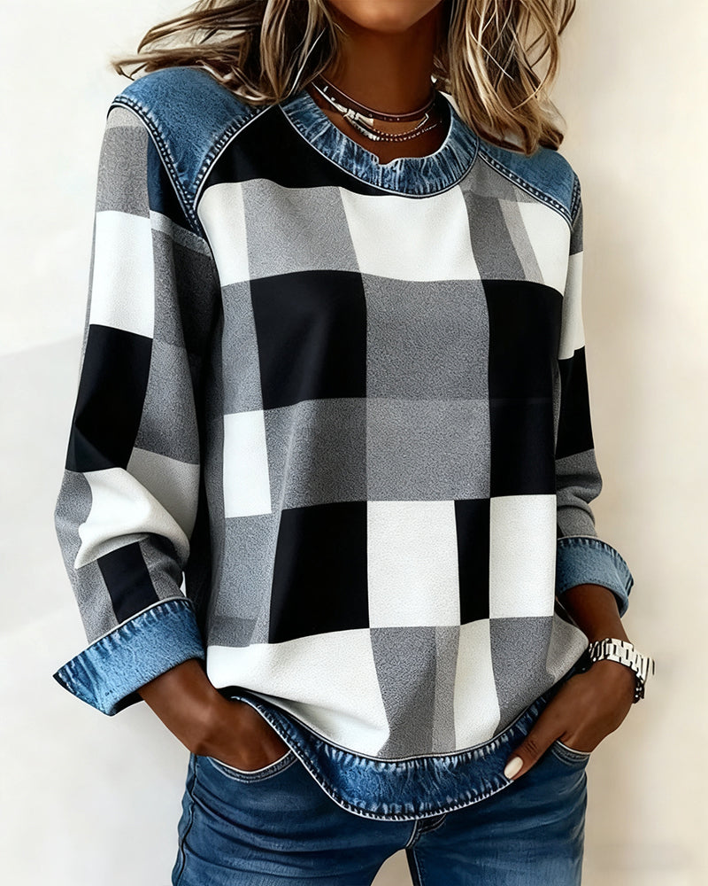 Sweatshirt Med Ternet Patchwork Og Kontrastfarve