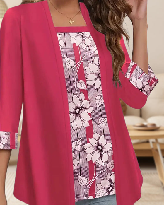 Printet Top Med Lange Ærmer Falsk Todelt Design