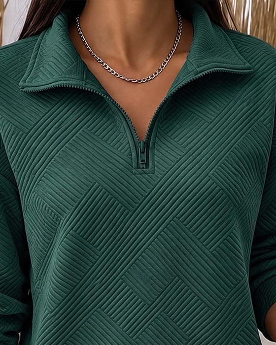 Sweatshirt Ensfarvet Halv Lynlås Reverskrave