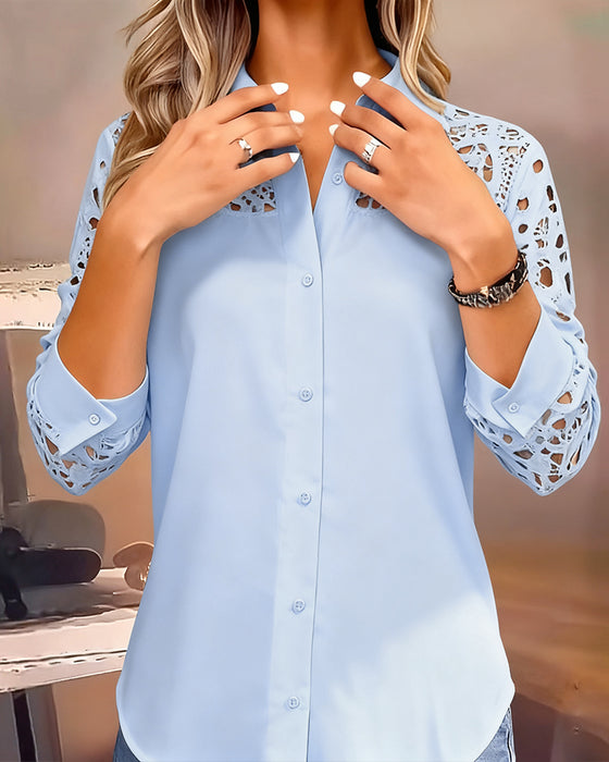 Bluse Ensfarvet Lapeler Blonder Patchwork