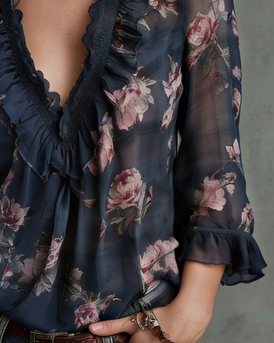 Bluse Blomstret V-Hals Rysjet