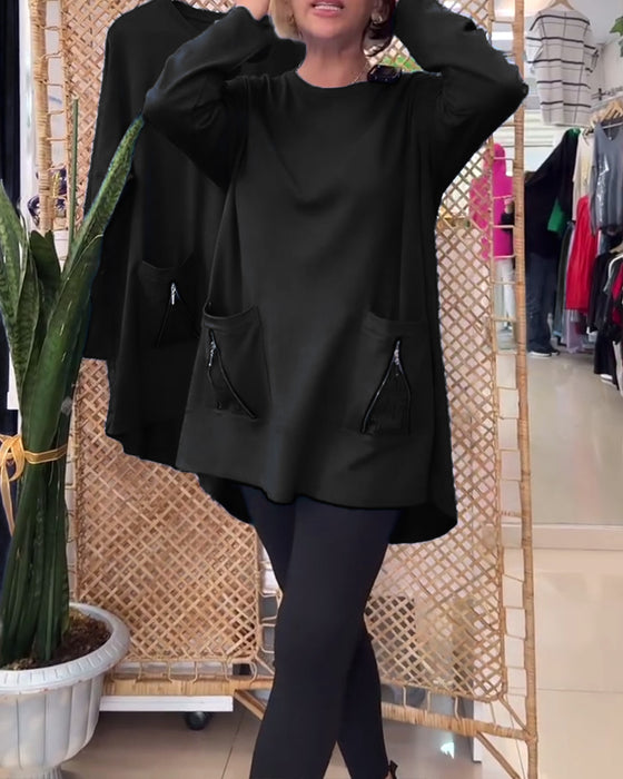 Ensfarvet lynlåslomme til sweatshirt med rund hals