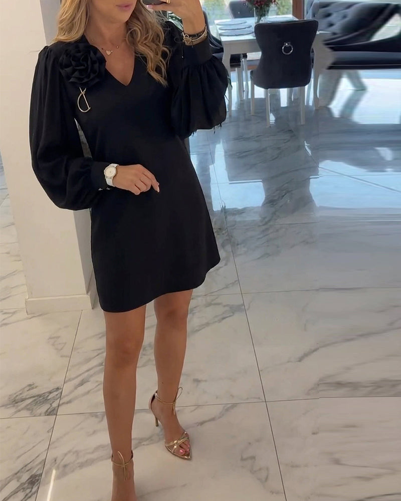 Kjole Tredimensionel Blomst V-hals Lygte Ærme