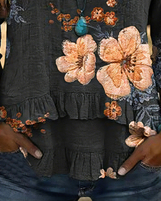 Bluse V-Udskæring Vintage Blomstret Loose Fit