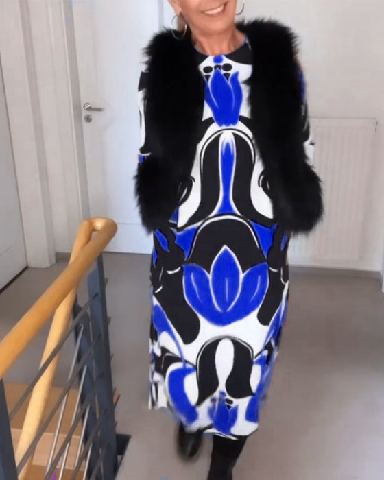 Trykt kjole med rund hals