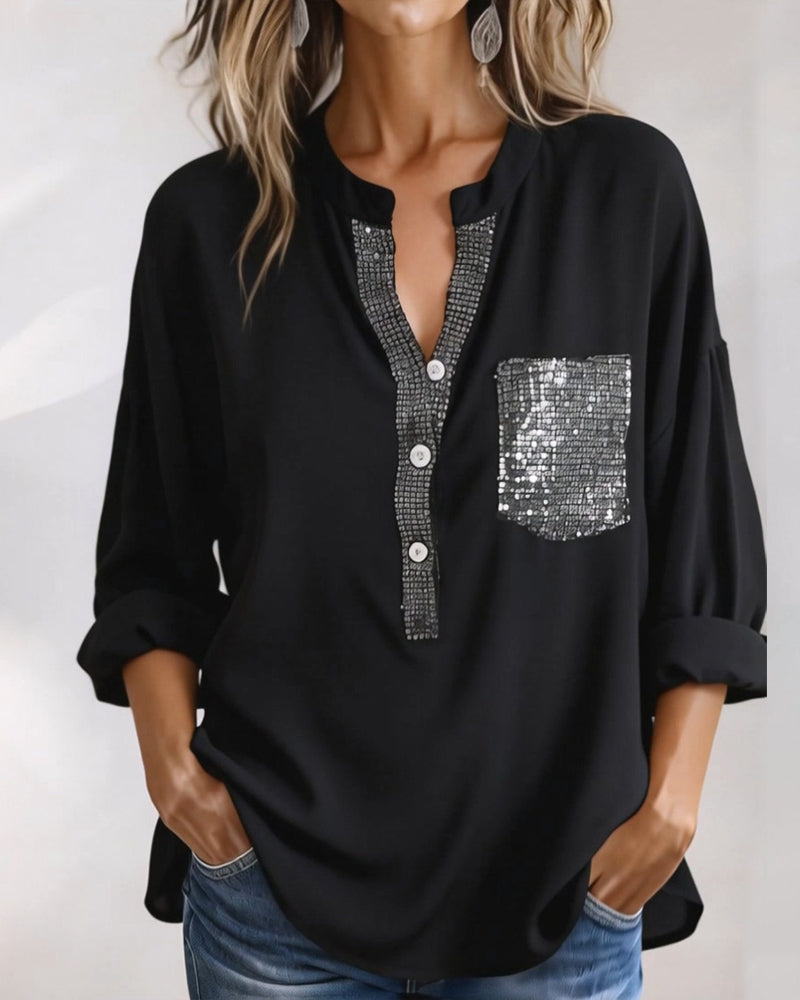 Casual Top Paillet Patchwork Løs