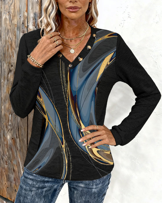 Trykt Casual Top Med V-Hals Og Lange Ærmer