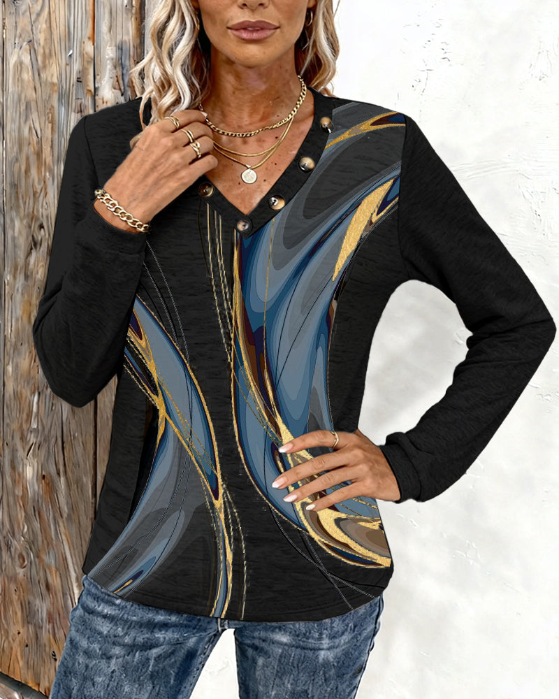 Trykt Casual Top Med V-Hals Og Lange Ærmer