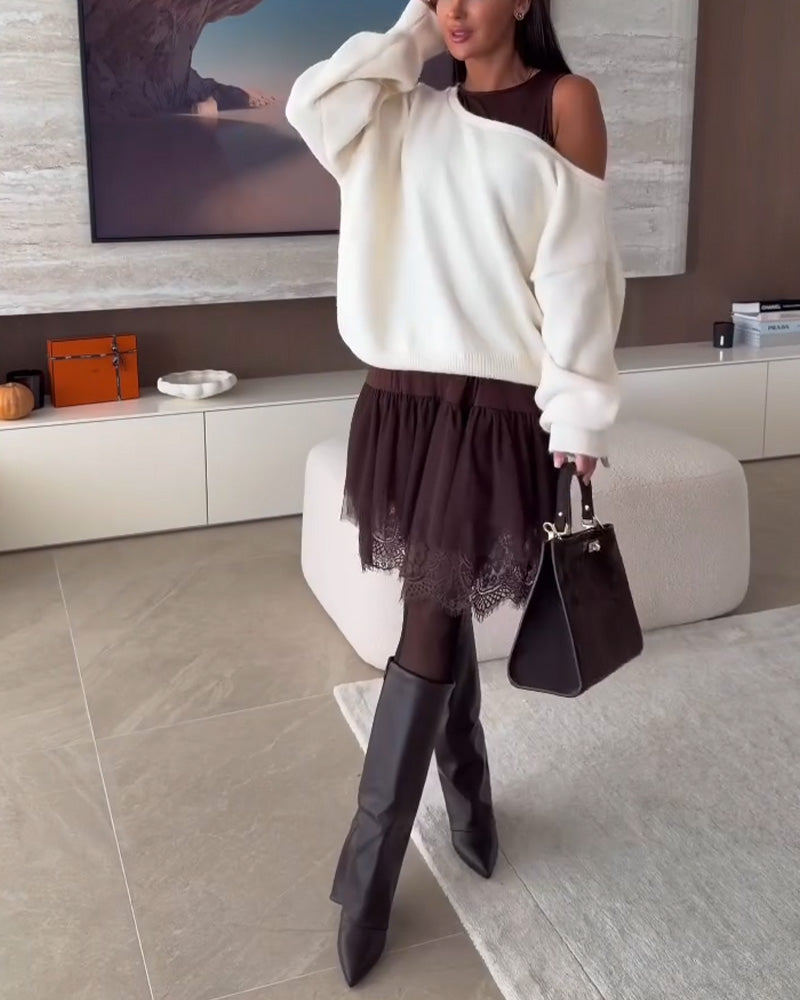 Off-Shoulder Løstsiddende Sweater & Blonder Kant Kjole