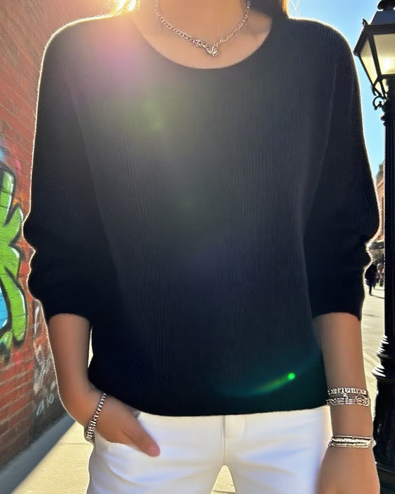 Sweater Ensfarvet Rund Hals Faldende Skulder