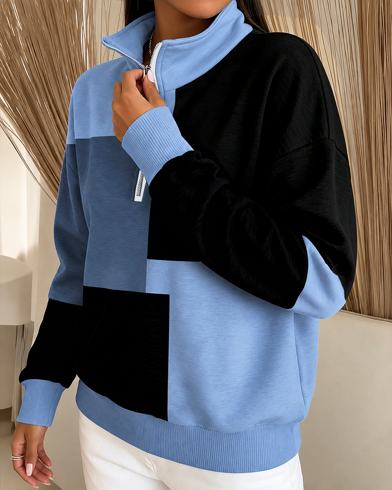 Sweatshirt Ternet Farveblok Lynlås Ståkrave
