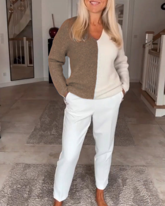 V-hals farveblok sweater