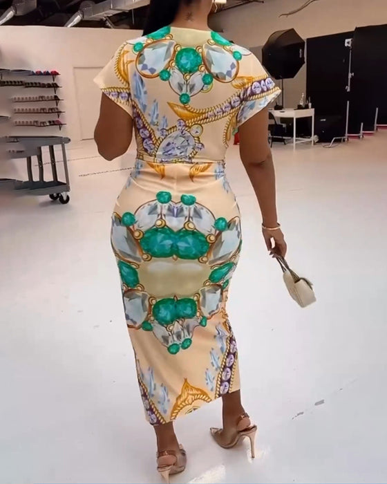 Gul slim fit kjole med print