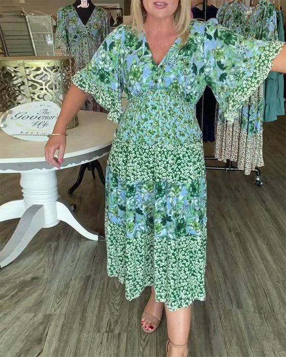 Kjole V-Hals Lotussærme Blomstret