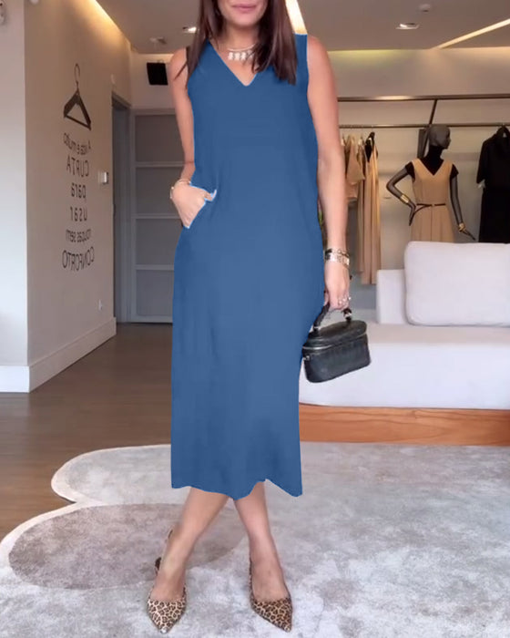 Kjole afslappet v-hals ærmeløs ensfarvet split