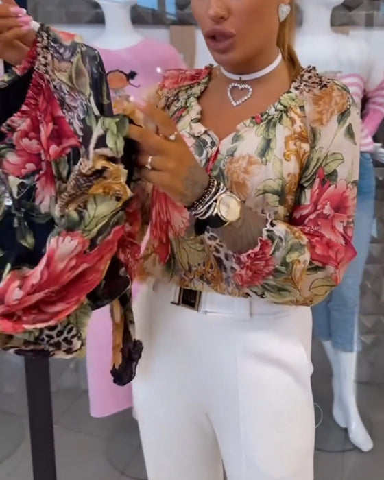 Bluse Med V-Hals Blomsterprint