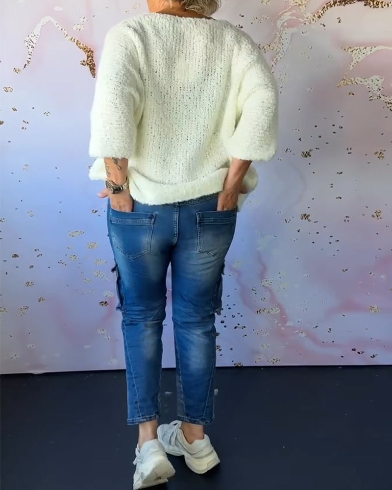 Ensfarvet sweater i løs pasform