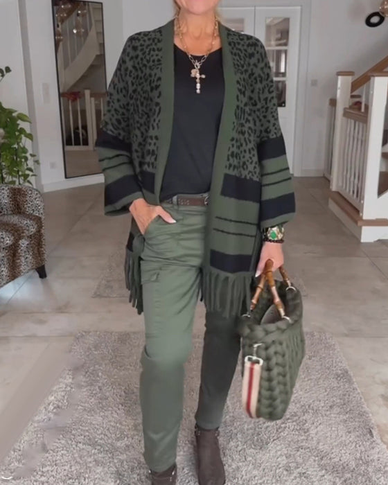 Langærmet cardigan med mørkt leopardprint