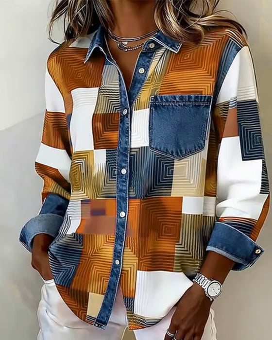 Farveblok Skjorte Moderne Krave