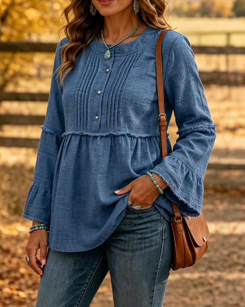 Bluse Enfarvet Rund Hals