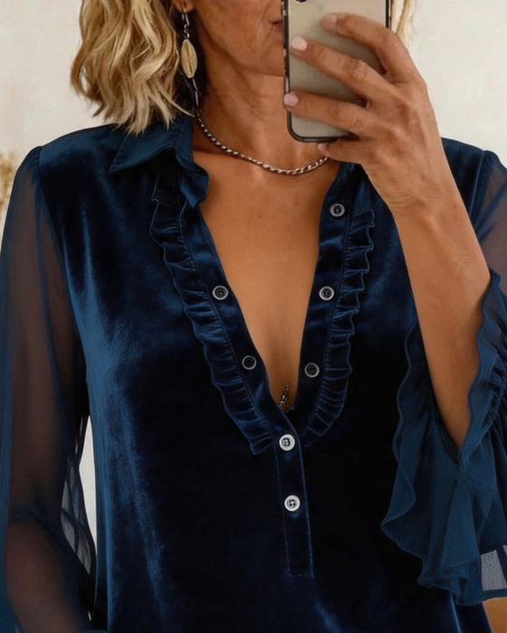 Bluse Fløjl Patchwork Rynket Ærme
