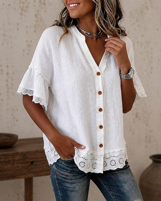Bluse V-udskæring Knipling Patchwork Knap