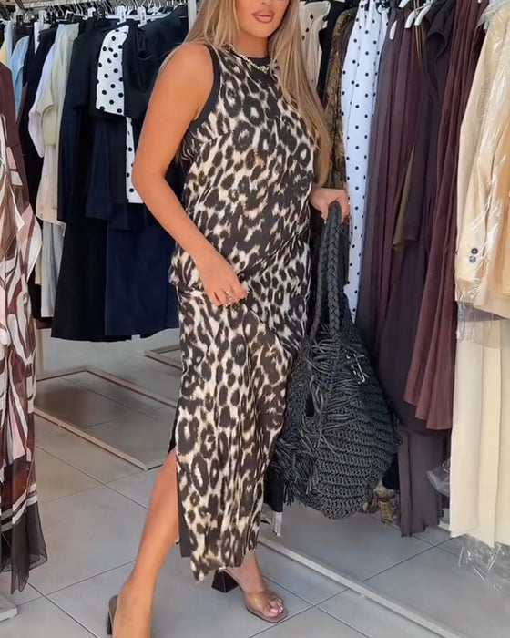 Kjole Rundhalset Leopardmønster Ærmeløs Maxi