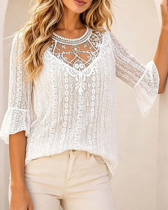 Bluse Rundhalset Hollow Out Blonder Patchwork