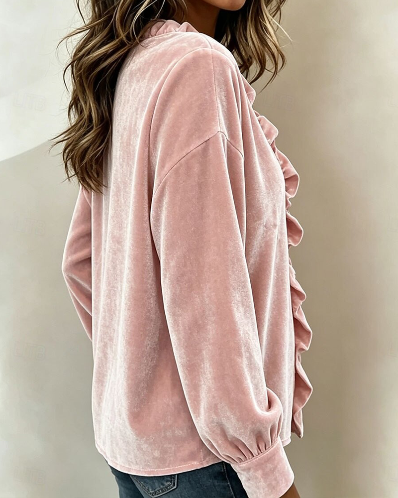 Bluse V-Hals Ruffle Ensfarvet