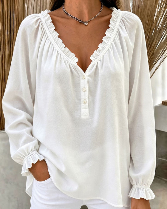Bluse Ruffle Kant Lang Ærme V-Hals