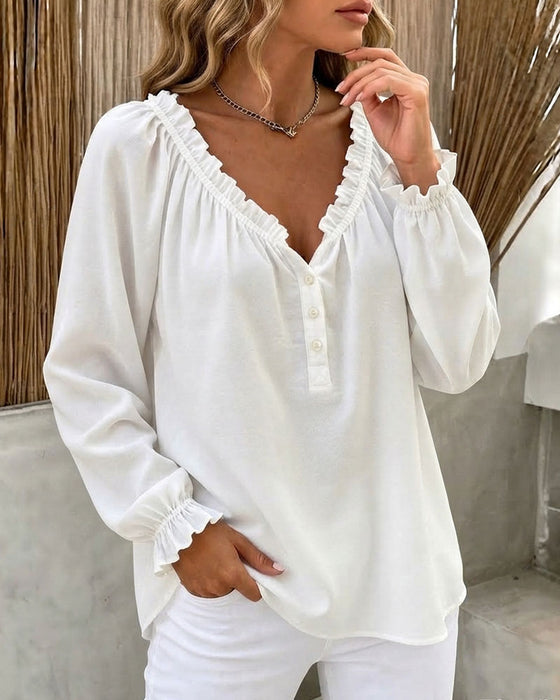 Bluse Ruffle Kant Lang Ærme V-Hals