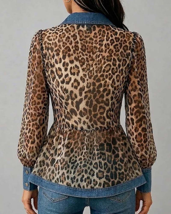 Bluse Denim Leopard Patchwork Taljeret