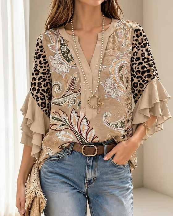 Bluse Leopard Tryk Panel Ruffle Ærme