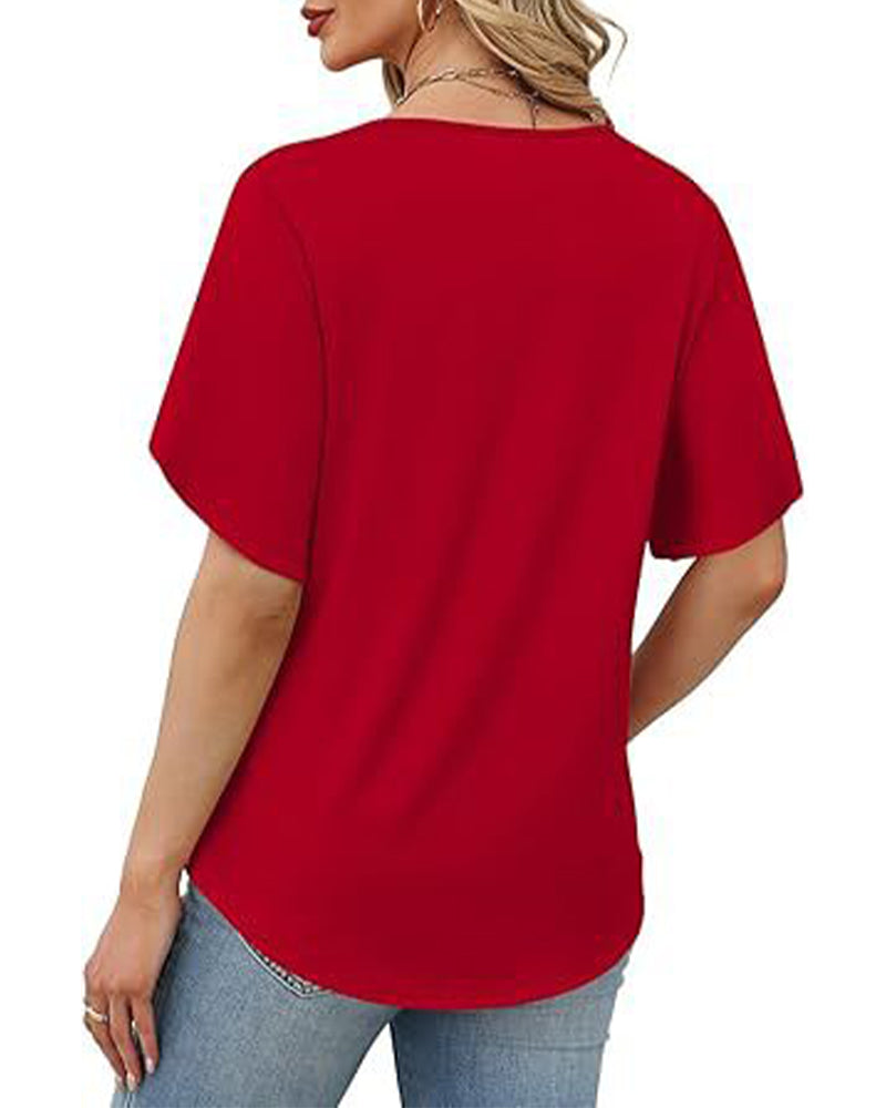 T-Shirt V-Udskæring Lille Slids Korte Ærmer Ensfarvet