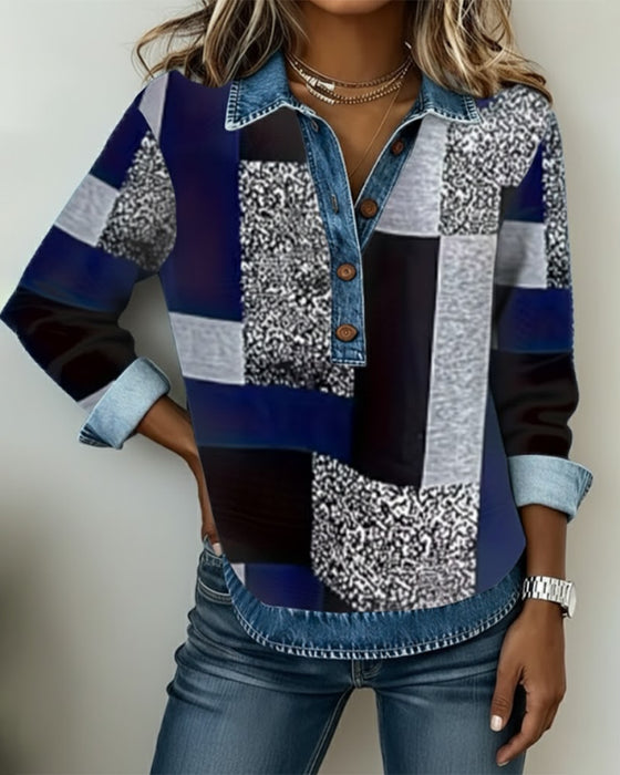 Sweatshirt Denim Patchwork Tryk Casual