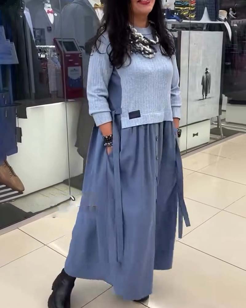 Kjole Casual Farveblok Rund Halsudskæring